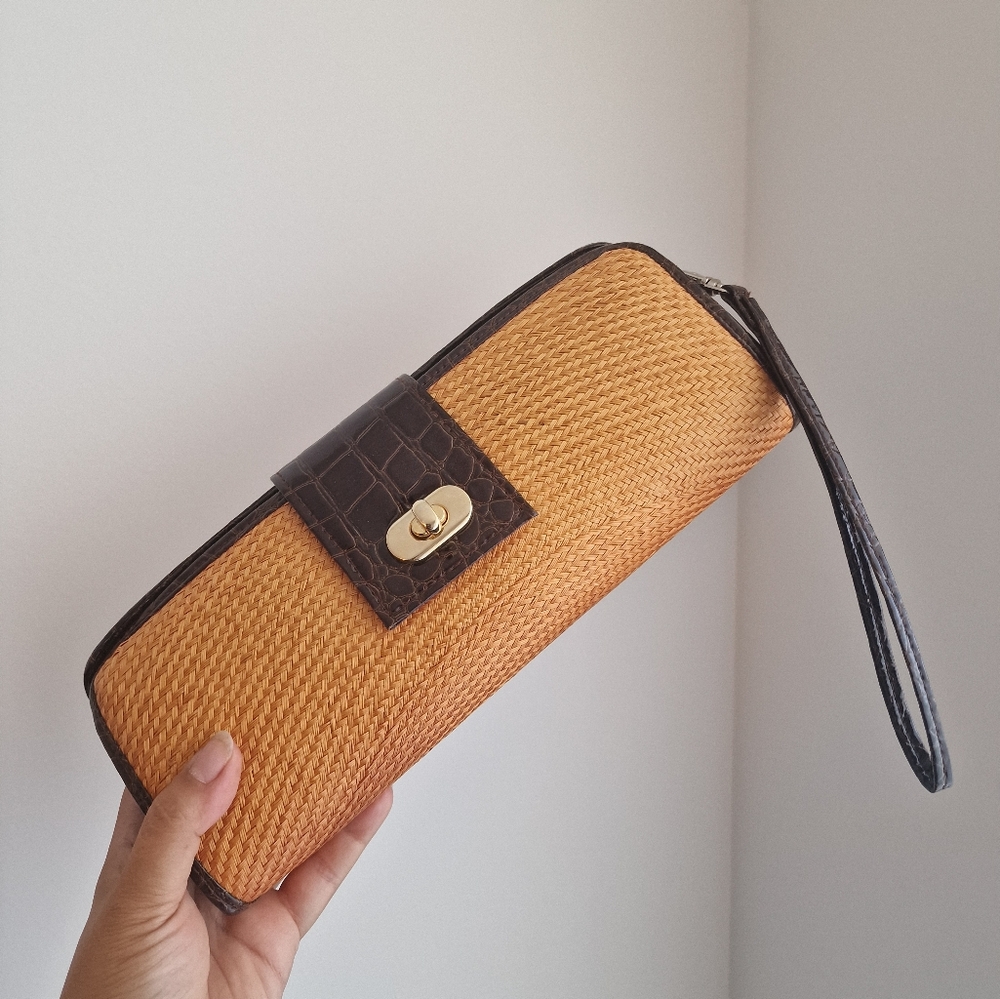 Tan and Brown Woven Clutch Wallet